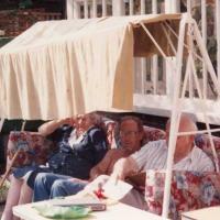 Elizabeths father, Roddy and her grandmother (Granny Scriv) on the Idler swingseat (1984)